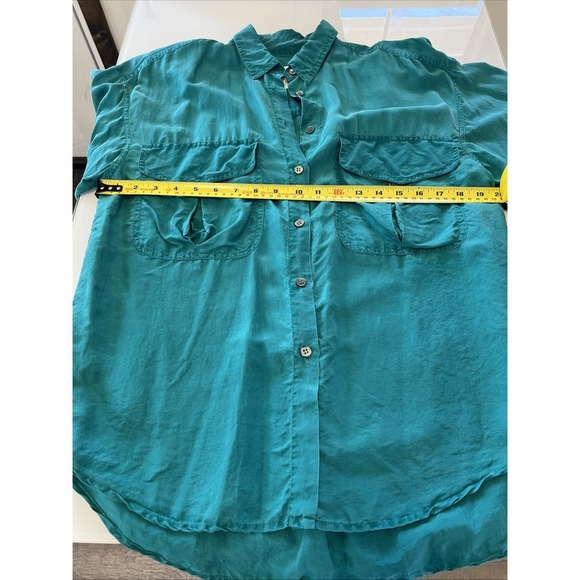 Basic first issue long sleeve shirt VTG women's teal oversized Small 100% Silk - Picture 8 of 9
